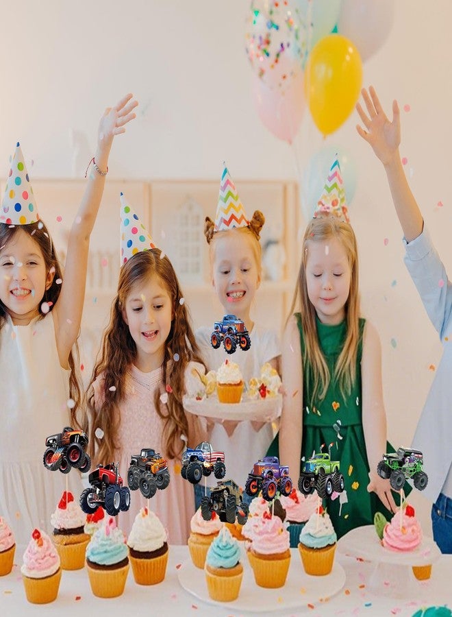 Pretyps 24 PCS Monster Truck Cupcake Toppers Truck Car Theme Birthday Party Decorations Racing Car Theme Birthday Decoration for Boys Girls Baby Shower Kids Cake Decorations Party Supplies - Image 2